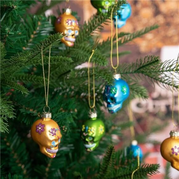 12 Pcs Day of the Dead Sugar Skull Glass Ornaments Halloween Tree Decorations - Picture 2 of 7